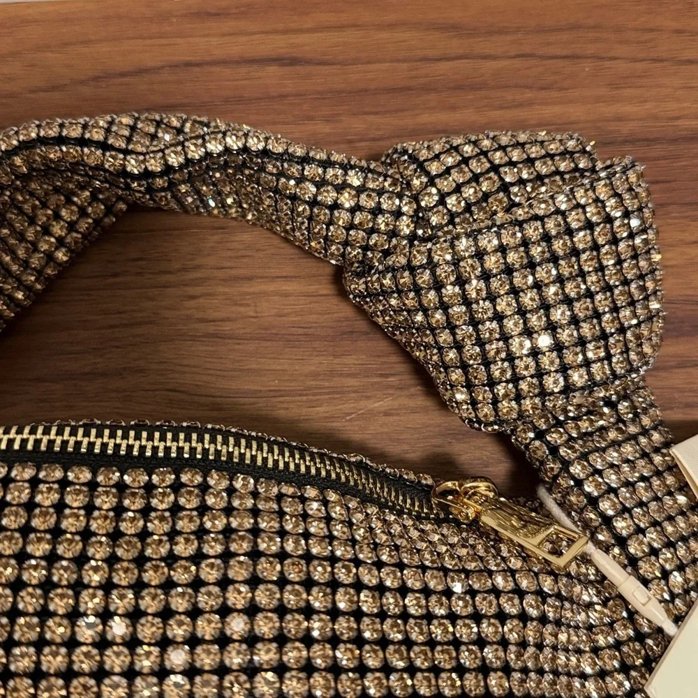 NWT Madison West Champagne Rhinestone Bag with a Knotted Top Handle.